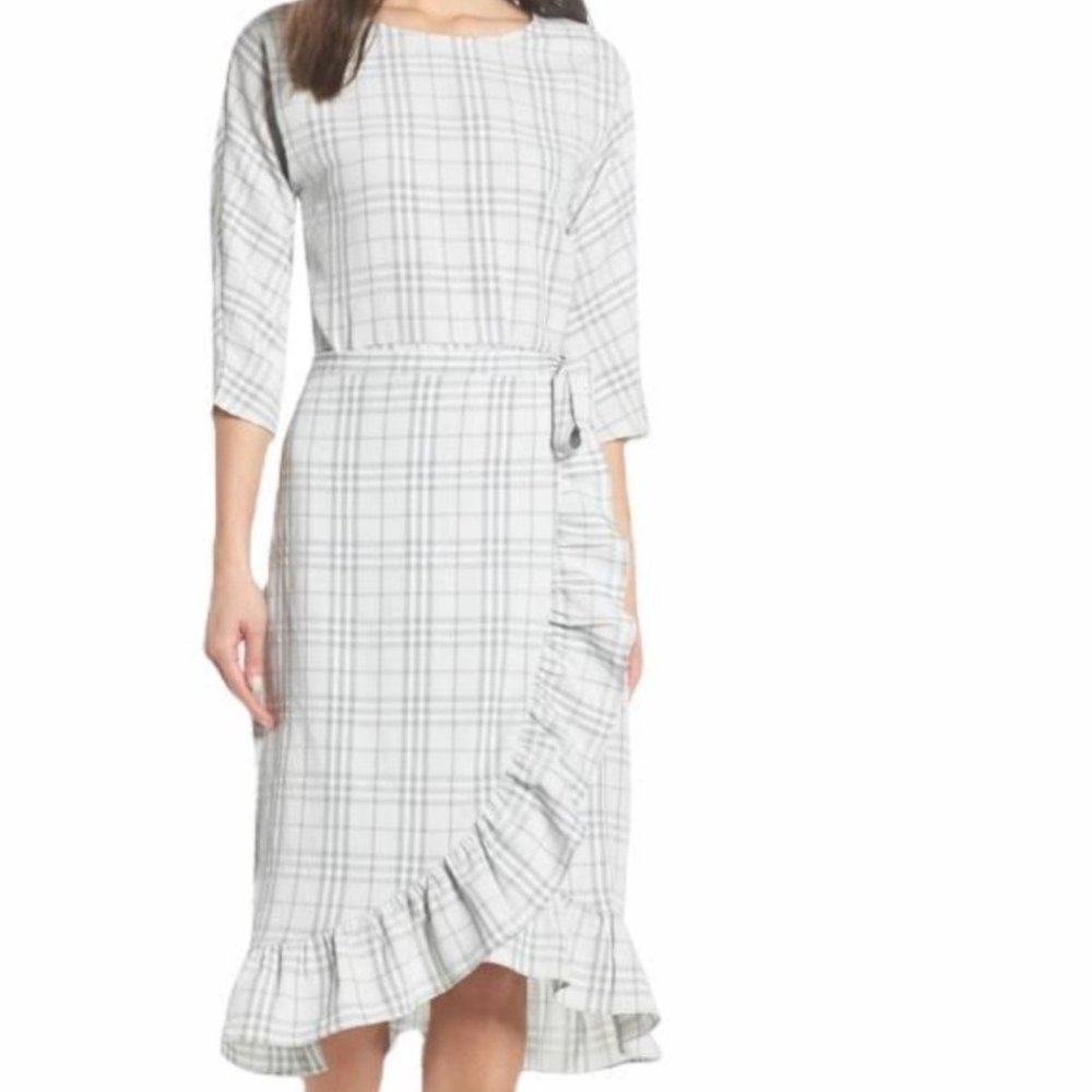 Chelsea28 Gray Plaid Faux Wrap Dress 3/4 sleeve Women's NWT